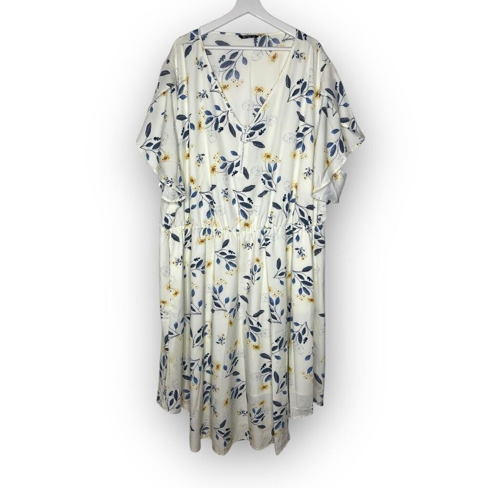 Bloom Chic White Blue Floral Short Sleeve Dress Flowy Women’s Plus Size 30